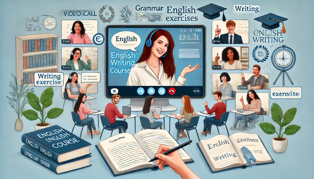 A virtual classroom setting with diverse students participating in an online English writing course. The screen displays video call participants, writing exercises, and floating academic elements like a grammar book, a writing prompt, and a certificate, representing education and collaboration.