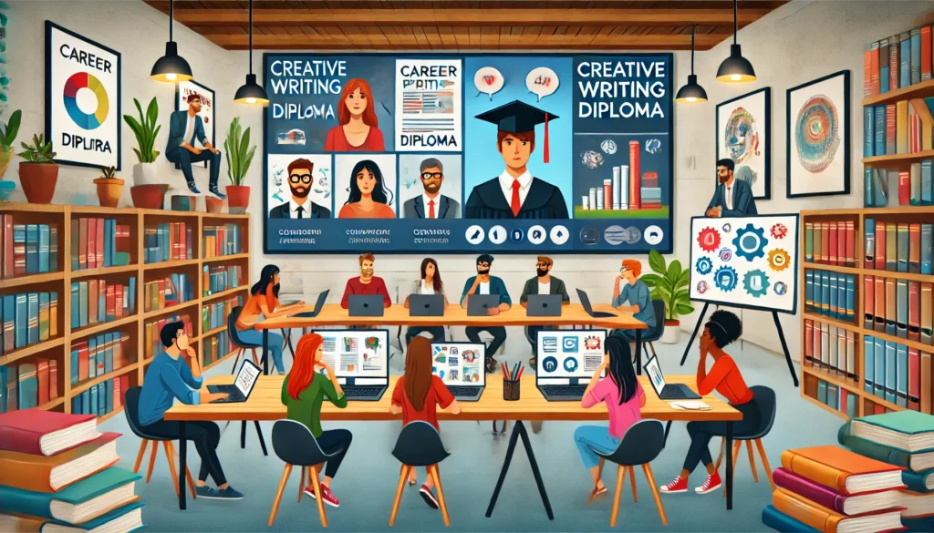 A group of students engage in an online discussion about creative writing careers, displayed on a large screen. The digital learning space includes books on writing and storytelling, a collaborative atmosphere, and a modern setup for virtual learning.
