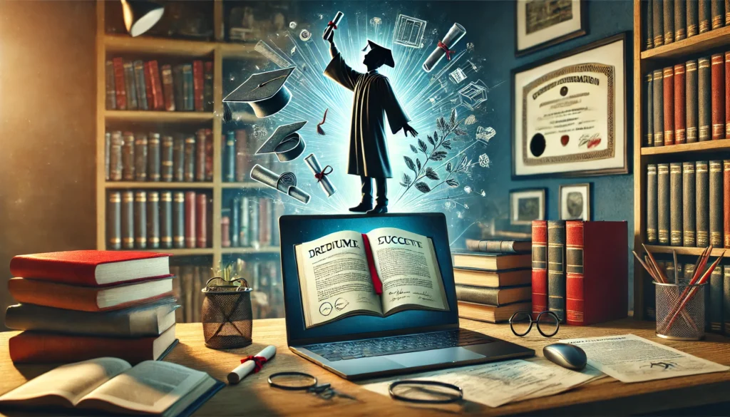 A desk with a framed diploma, an open laptop showcasing a published work, and bookshelves filled with literature. The setting conveys achievement, with a professional yet creative ambiance, symbolizing future opportunities in writing.