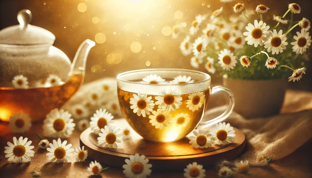 A close-up of a glass teacup filled with chamomile tea, with fresh chamomile flowers floating on top. The soft golden background highlights chamomile’s calming and anxiety-relieving properties."