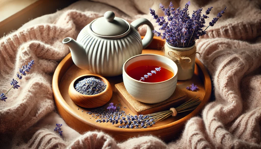 "A relaxing tea ritual setup featuring a ceramic teapot, a steaming cup of lavender tea, and a small wooden tray with dried lavender flowers. A cozy blanket in the background adds to the serene atmosphere."