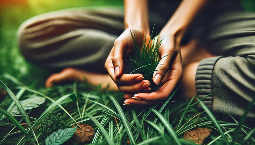 "A close-up of hands touching the grass while seated outdoors, emphasizing sensory awareness and connection to nature. This image represents mindfulness techniques for alleviating panic and stress."