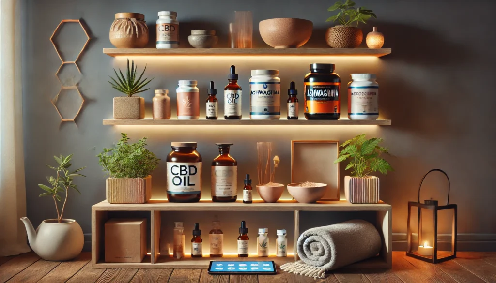 A modern, well-organized shelf displaying a selection of anxiety relief essentials. The shelf features neatly arranged CBD oil bottles, supplement jars of Ashwagandha and Magnesium, a small stack of weighted blankets, essential oil bottles, a glass of adaptogenic tea, and a tablet showing a meditation app. Soft lighting and decorative greenery create a serene, wellness-inspired aesthetic.