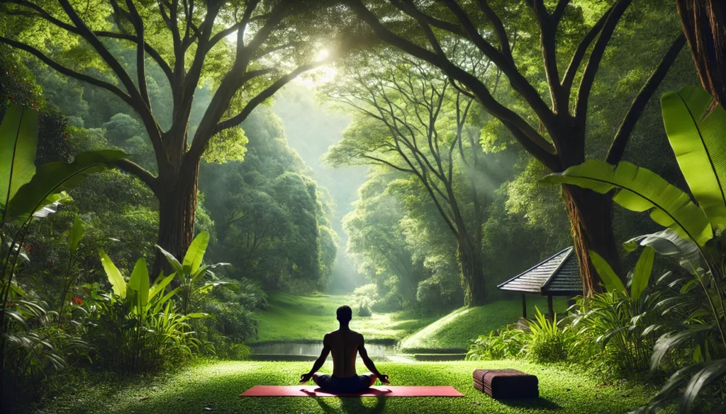 A person practicing deep breathing exercises surrounded by nature. Sunlight filters through the trees, creating a calming atmosphere that highlights the stress-relieving benefits of yoga.
