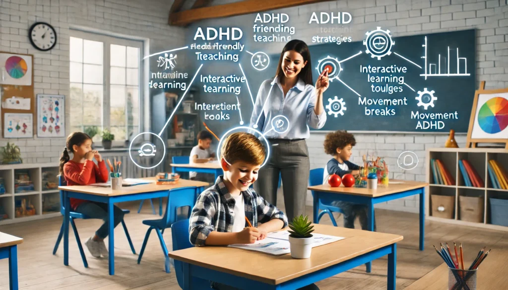ADHD-Friendly Classroom Strategies
ALT Text: "An engaging classroom setting where a teacher uses ADHD-friendly teaching strategies, such as interactive learning tools and movement breaks, to support a child with ADHD. The structured yet stimulating environment reinforces effective educational approaches in childhood ADHD treatment."