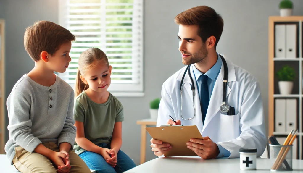 Medical Consultation for ADHD Treatment
ALT Text: "A pediatrician discussing ADHD treatment options with a concerned parent and their child in a professional medical office. The doctor explains treatment plans in a reassuring manner, highlighting the importance of professional guidance in childhood ADHD treatment."