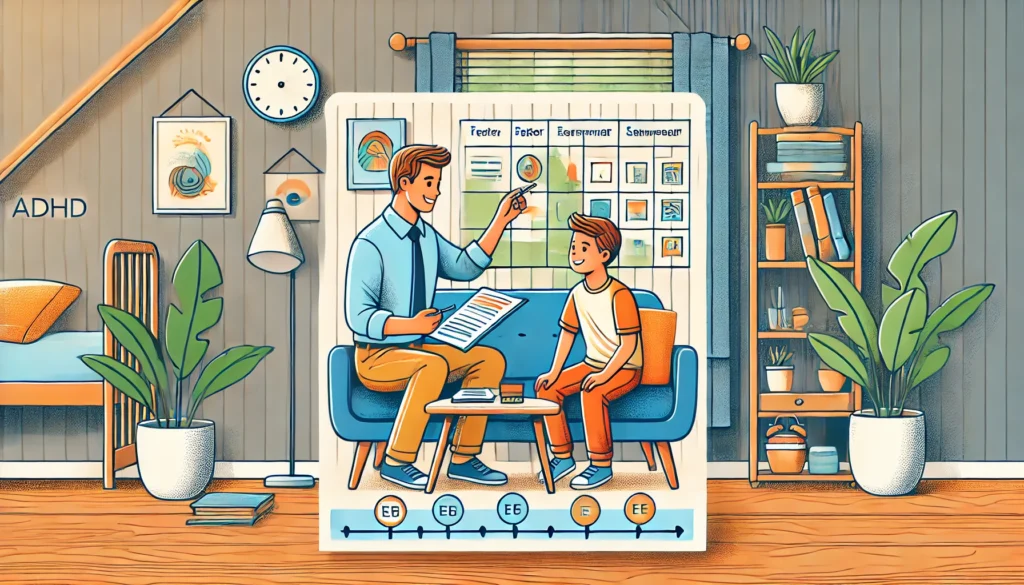 Home-Based ADHD Management
ALT Text: "A supportive home environment where a parent helps their child with ADHD stay organized using a visual schedule. The well-structured and calming space emphasizes the importance of routine in effective childhood ADHD treatment."