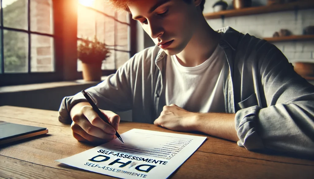 Self-Assessment Before Professional Help
ALT Text: "A person sitting at a desk, filling out an ADHD self-assessment questionnaire with a thoughtful expression. The well-lit and quiet environment highlights the process of self-reflection in ADHD self-diagnosis before seeking professional support."