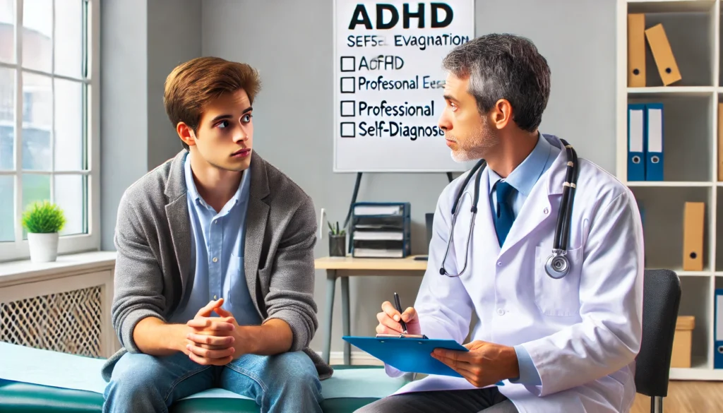 Seeking Professional Evaluation for ADHD
ALT Text: "A concerned individual discussing their ADHD symptoms with a healthcare professional in a medical office. The doctor attentively listens and takes notes, emphasizing the importance of professional evaluation over self-diagnosis."