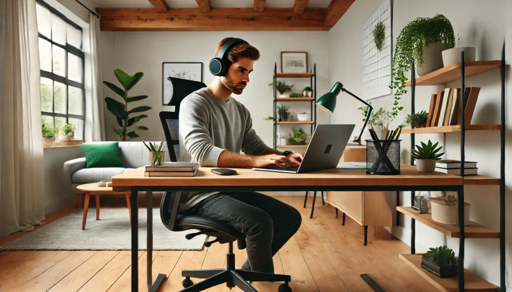 A modern home office setup featuring a remote worker wearing noise-canceling headphones, deeply focused on work at a minimalist wooden desk with a sleek laptop and ergonomic chair. The room is well-lit with natural light, surrounded by greenery and calming décor, creating an ideal productivity environment.