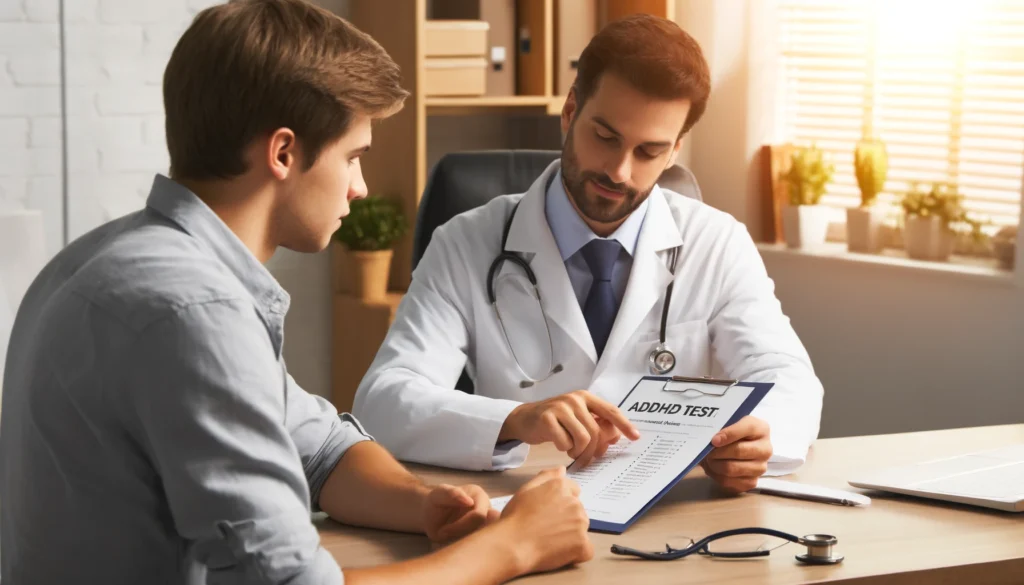 Doctor Explaining ADHD Test Results
ALT Text: "A doctor explaining the results of a Conners ADHD Test for Adults to a patient in a professional medical office. The patient listens attentively while the doctor points to a document with test scores, emphasizing the importance of professional ADHD assessment."