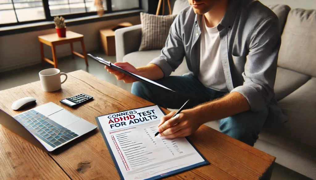 Home-Based ADHD Self-Assessment
ALT Text: "An adult filling out a Conners ADHD Test for Adults questionnaire on paper while sitting at a quiet home workspace. The setting is comfortable yet structured, underscoring the importance of self-assessment in ADHD diagnosis."