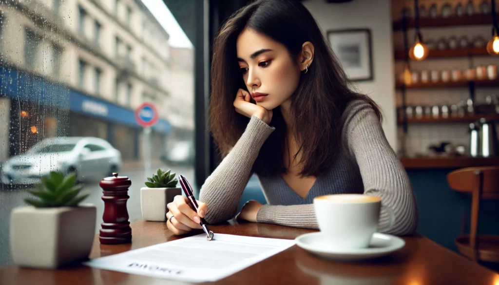 A woman sitting alone at a coffee shop, looking sad and lost in thought. She is holding a pen and staring at divorce papers in front of her. A half-empty cup of coffee sits on the table, with a blurred city street in the background.