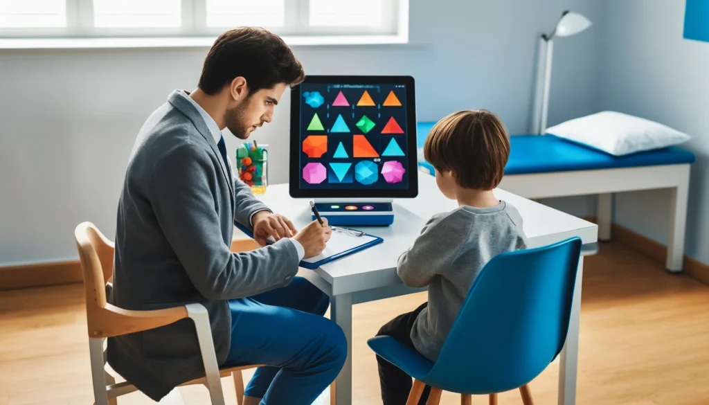 Child Taking an ADHD Shape Test – A child seated at a desk using a touchscreen device to complete a shape recognition test while a psychologist takes notes.