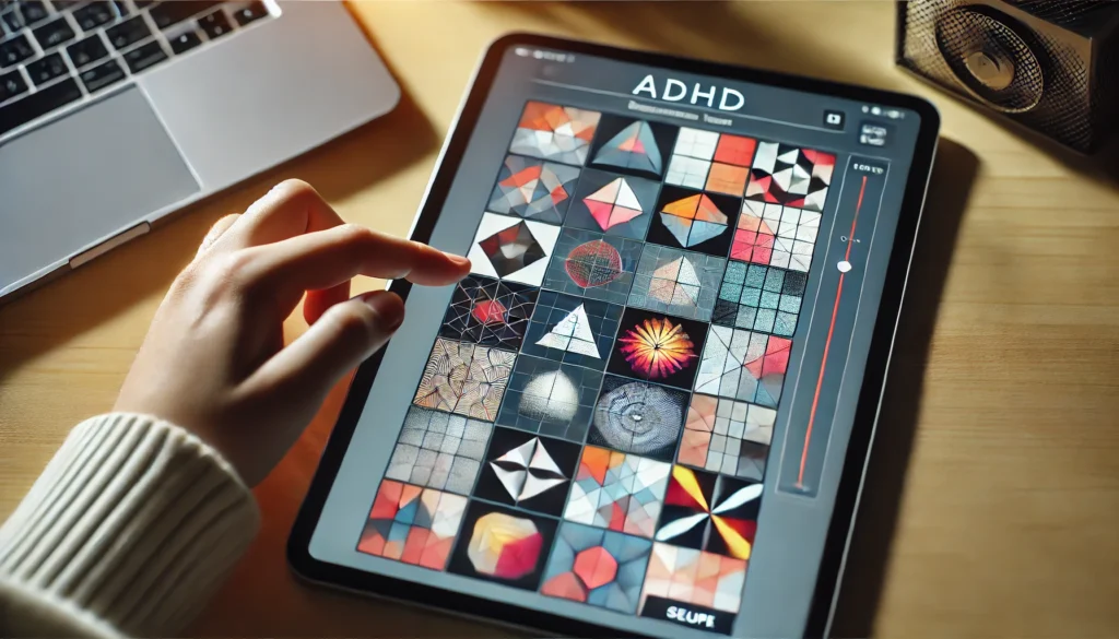 Digital ADHD Shape Test Interface – A close-up of a tablet screen displaying geometric shapes, with a hand interacting and selecting a shape.