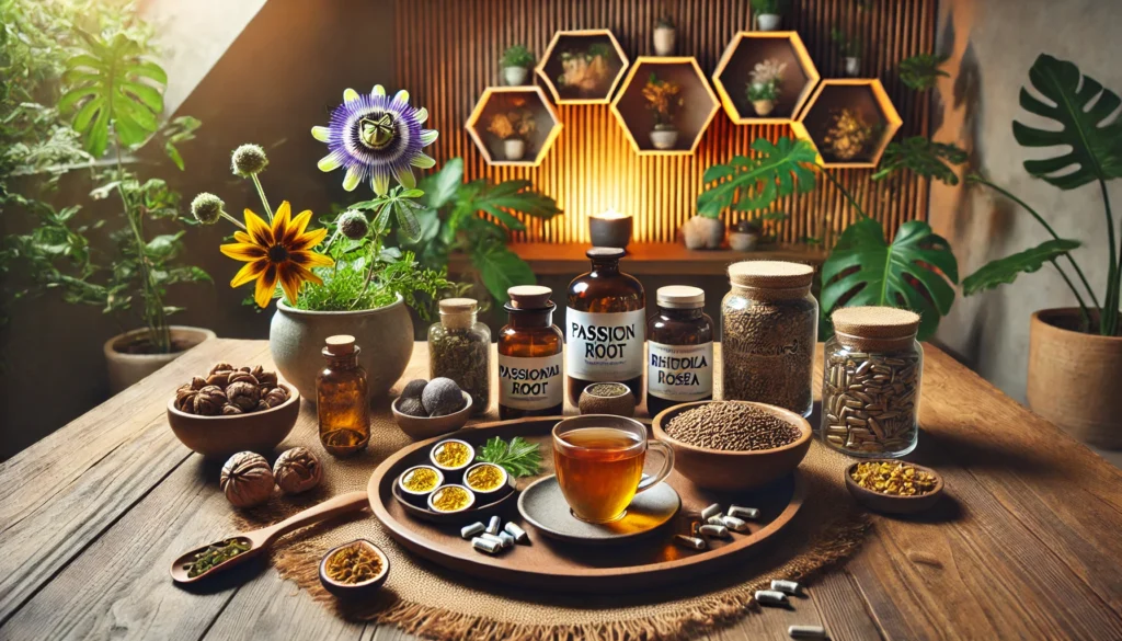 A wide-angle composition featuring a serene natural wellness setup – A peaceful, nature-inspired setting displaying natural anxiety relief solutions such as adaptogenic herbs, soothing teas, and stress-relief supplements. The image captures a holistic approach to wellness with calming elements like greenery, wooden textures, and soft natural lighting.
