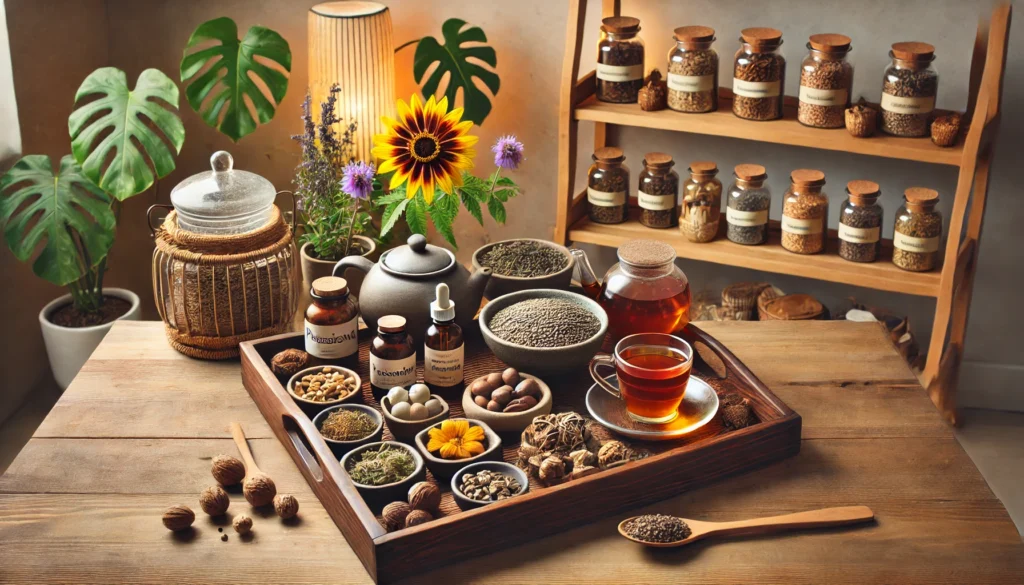 A wide-angle composition featuring a holistic wellness and stress-relief collection – A thoughtfully arranged selection of natural anxiety relief products, including organic teas, herbal tinctures, and relaxation aids. The warm and inviting ambiance highlights the synergy between natural remedies and mindful self-care practices.