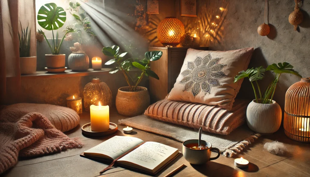 A cozy mindfulness corner – A tranquil space with a comfortable meditation cushion, a lit candle, and an open mindfulness journal. Soft lighting, a steaming cup of herbal tea, and indoor plants enhance the inviting setting for self-reflection and relaxation.