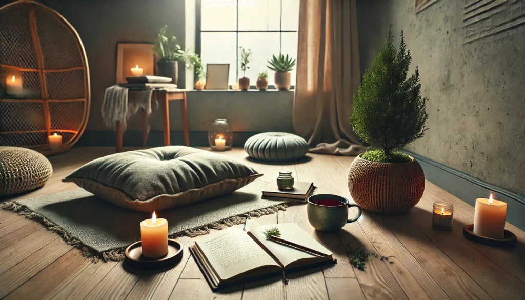 wide-angle composition featuring a serene mindfulness practice setup. The scene includes a cozy meditation space with a comfortable cushion, a small wooden table holding a steaming cup of tea, a journal, and a softly glowing candle. A large window allows natural light to fill the space, creating a peaceful atmosphere ideal for reflection and relaxation. Subtle decorative elements such as indoor plants and warm-toned textiles enhance the calming ambiance, making it a perfect retreat for mindfulness practice.