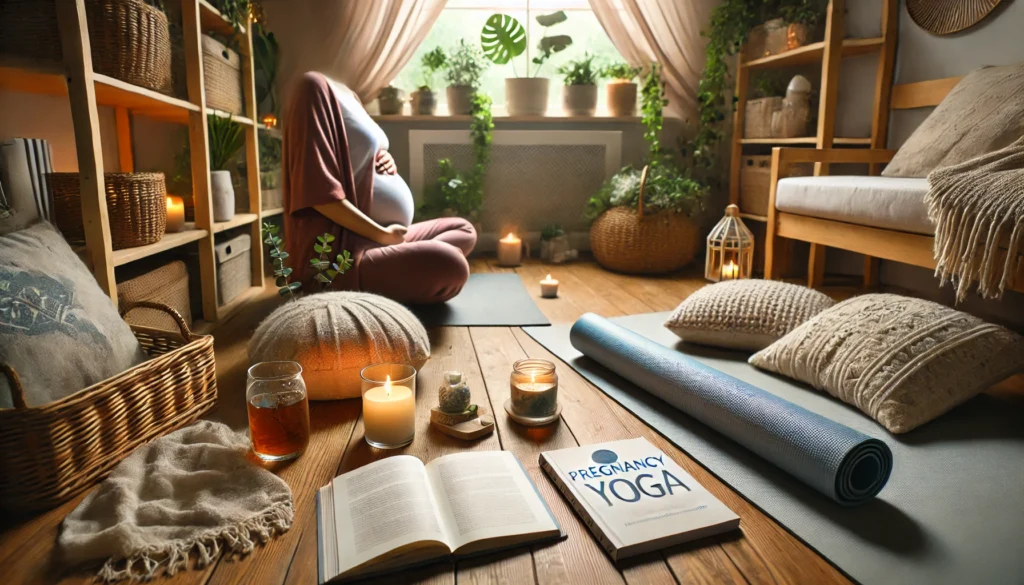 A wide-angle composition featuring a tranquil space with soothing aromatherapy, a comfortable pregnancy pillow, and soft lighting, creating a stress-free environment for expectant mothers managing anxiety.