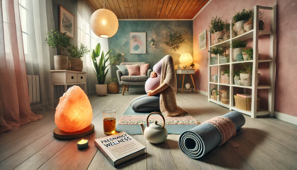 A wide-angle image showcasing a peaceful prenatal yoga session in a sunlit room, highlighting the benefits of gentle movement and mindfulness for reducing pregnancy-related stress and anxiety.