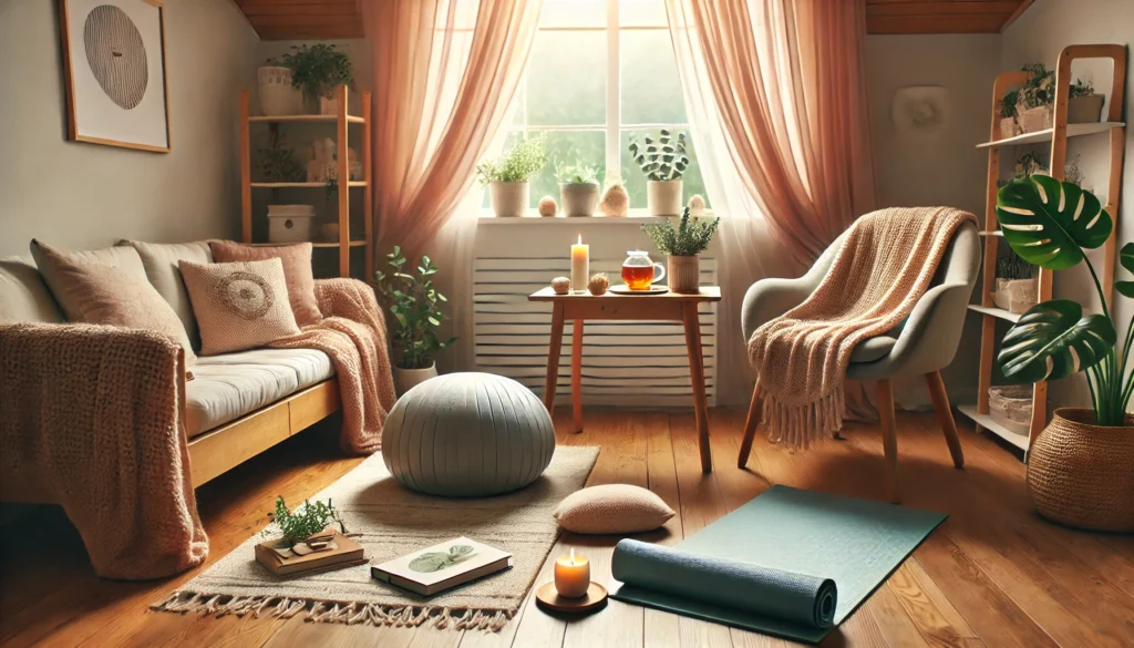 A wide-angle image capturing a serene home environment with a cozy reading nook, herbal tea, and relaxation essentials, promoting self-care and natural anxiety relief during pregnancy.