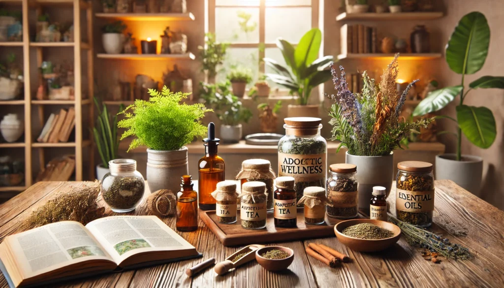 A wide-angle composition featuring a holistic wellness arrangement for mood support, displaying a selection of herbal remedies, adaptogenic teas, and essential oils. The setup includes a wooden table with neatly arranged jars of herbs, a steaming cup of tea, and an open book on natural health. The background is softly lit with warm lighting, houseplants, and a cozy atmosphere, evoking a sense of relaxation and balance