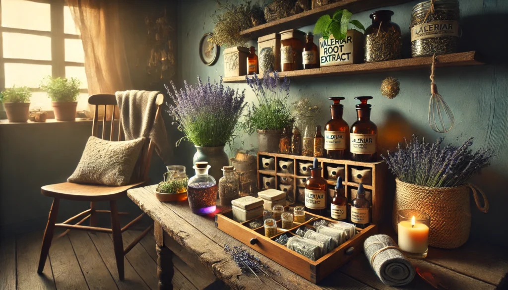 A tranquil wide-angle image showcasing a relaxation corner with natural sedatives. The scene includes a rustic wooden shelf adorned with neatly arranged herbal teas, valerian root extract bottles, lavender sachets, and passionflower-infused tinctures. A soft, dimly-lit ambiance enhances the calming atmosphere, with a cozy chair and a warm throw blanket in the background, suggesting a perfect space for unwinding.