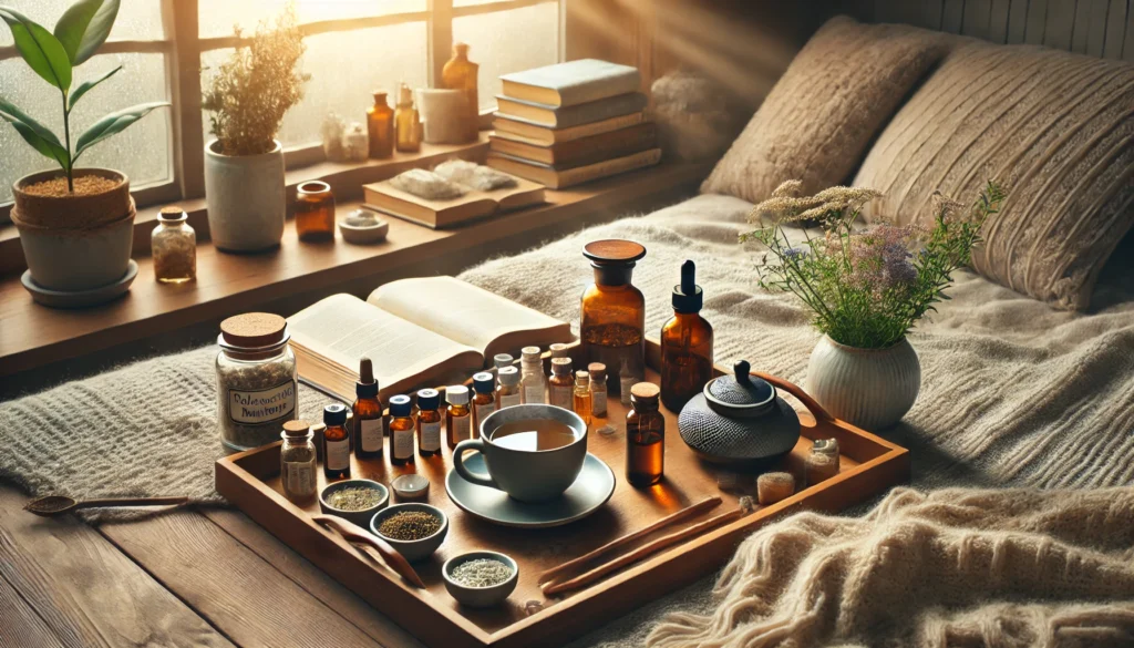 A tranquil wide-angle image showcasing a relaxation space for homeopathic anxiety relief. The setup includes an assortment of natural homeopathic remedies, essential oils, and herbal tinctures neatly arranged on a wooden tray. A steaming cup of herbal tea sits beside an open book, with a cozy, soft blanket in the background. Gentle sunlight streams through a nearby window, casting a warm, soothing glow over the peaceful scene.