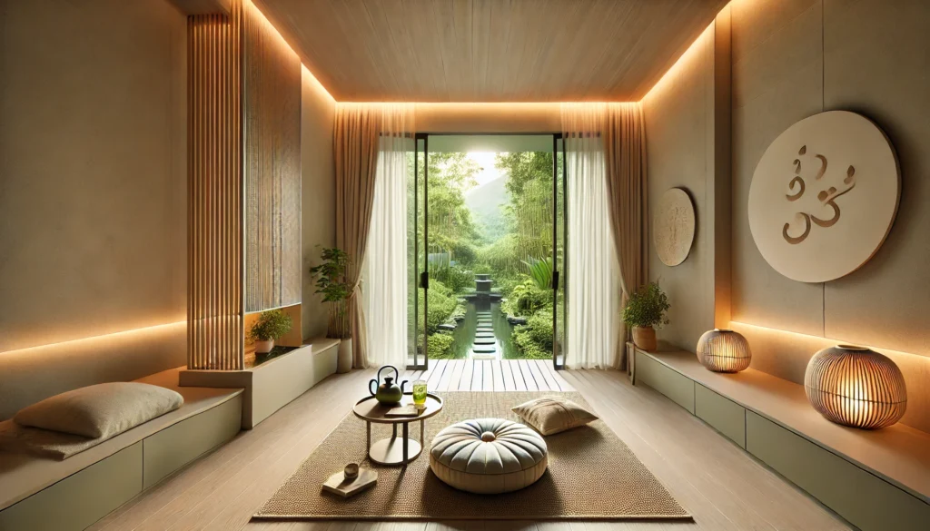 A wide-angle image capturing a minimalistic and peaceful mindfulness room designed for relaxation. A meditation cushion sits on a woven rug, accompanied by soft ambient lighting and a small indoor water fountain. A low wooden table holds a cup of herbal tea and an open mindfulness journal, with large windows revealing a lush green view outside.