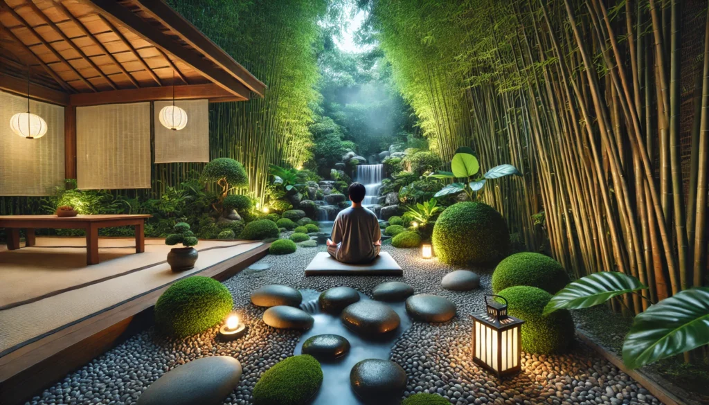 A quiet outdoor scene with a person sitting cross-legged in a lush green garden, surrounded by nature. The individual meditates peacefully under the shade of a tree, embracing mindfulness and relaxation.