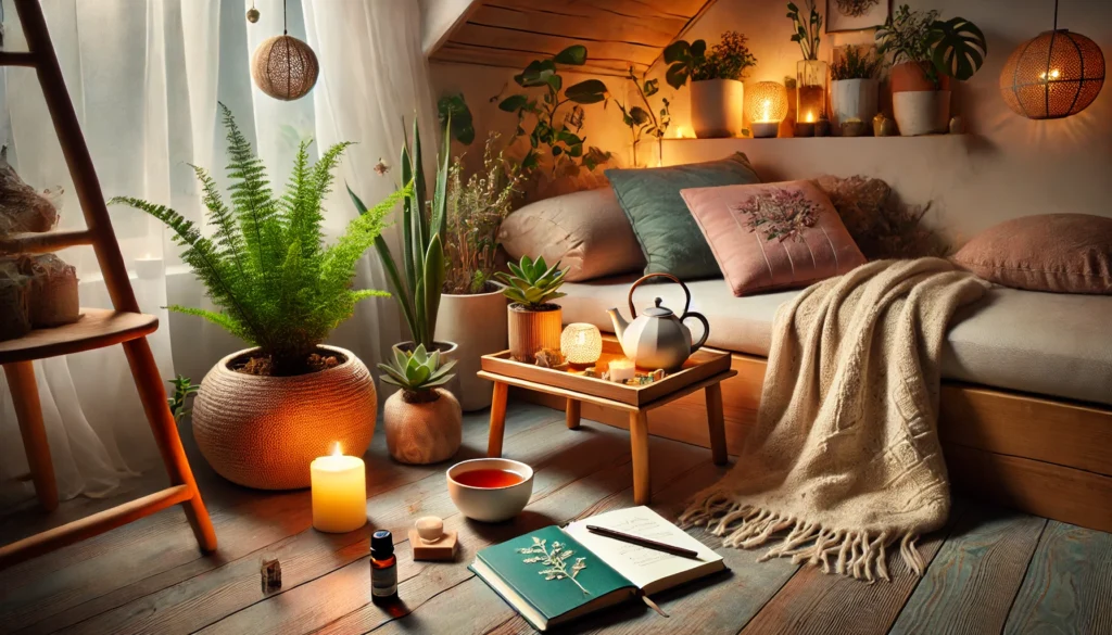 A wide-angle composition featuring a serene meditation space in a natural setting, surrounded by calming elements such as soft cushions, a yoga mat, a cup of herbal tea, and a few essential oils. Sunlight filters through large windows, casting a warm, peaceful glow over the room. The space is designed for relaxation and mindfulness, promoting a holistic approach to anxiety relief.