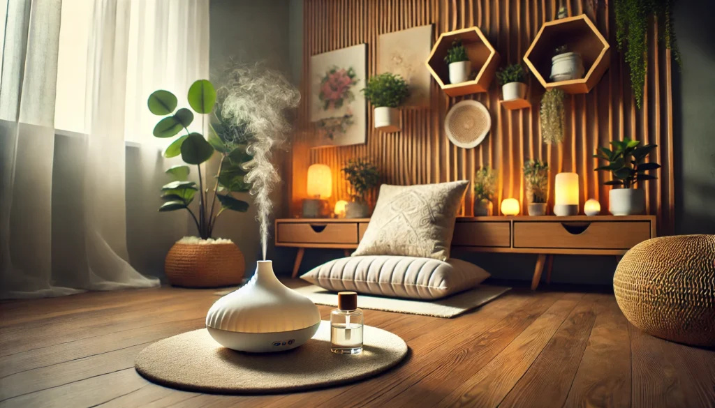 A wide-angle composition showcasing a peaceful home wellness corner with a meditation cushion, a diffuser emitting calming mist, and a small indoor fountain. Soft ambient lighting and natural materials create a relaxing atmosphere, ideal for stress and anxiety relief.