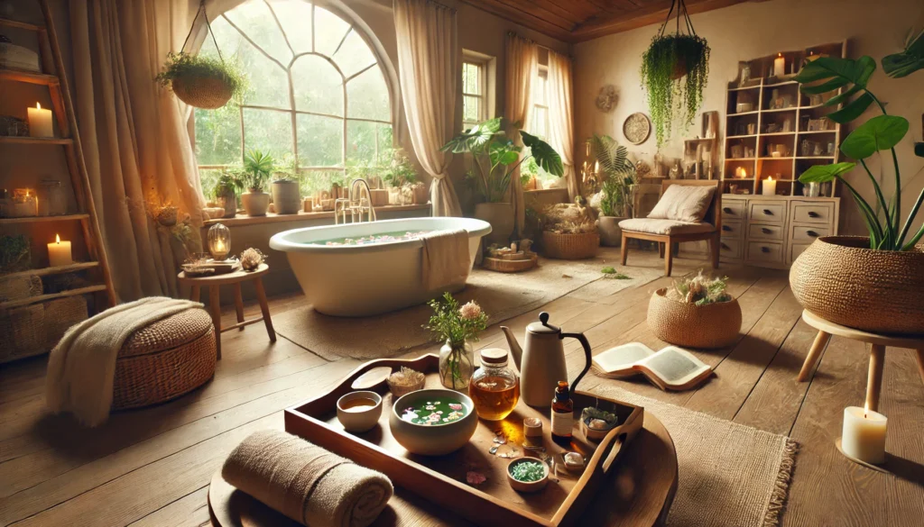 A wide-angle image capturing a cozy, spa-like atmosphere with soft lighting, aromatherapy diffusers, and a comfortable meditation area. The scene emphasizes self-care and holistic relaxation.