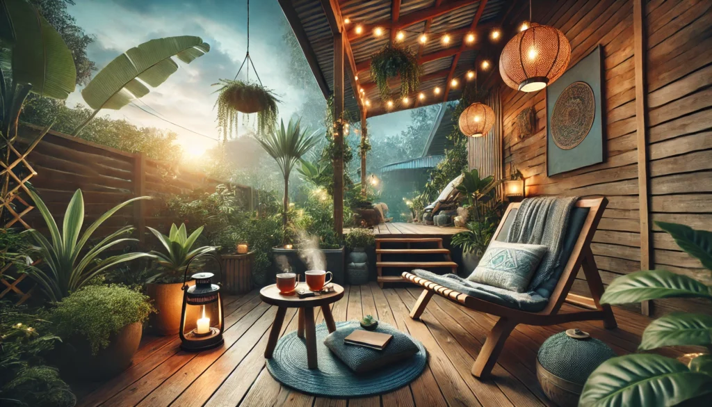 A wide-angle composition showcasing a peaceful outdoor setting with a wooden deck, yoga mats, and a backdrop of lush greenery. The environment is perfect for mindfulness, deep breathing, and stress reduction.