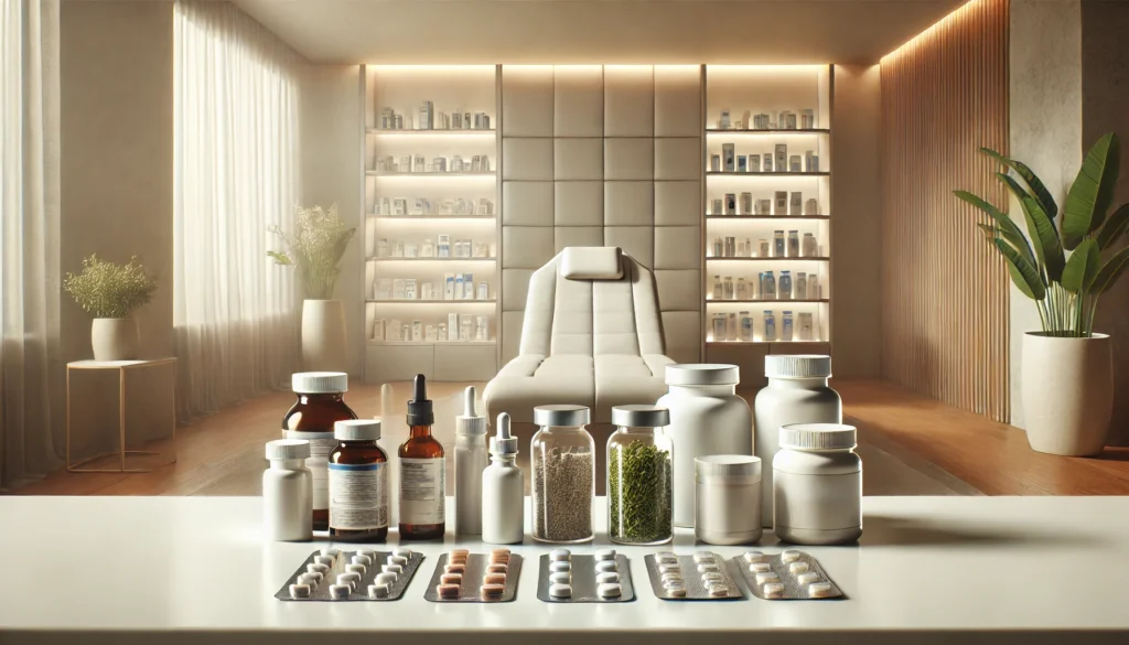 wide-angle image featuring a clean and organized medical consultation space with a table displaying various OTC medications for nerve pain and anxiety relief. A warm and inviting setting highlights the importance of informed choices in managing nerve discomfort.