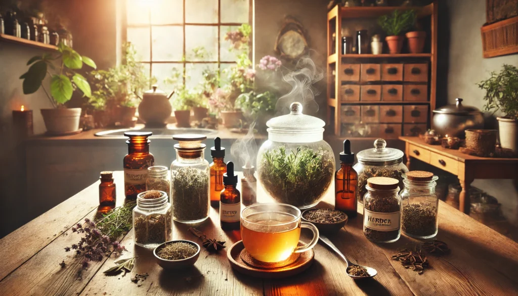 A wide-angle image capturing a peaceful home apothecary with neatly arranged glass jars filled with dried herbs, tinctures, and holistic wellness tools for relaxation and nerve health.