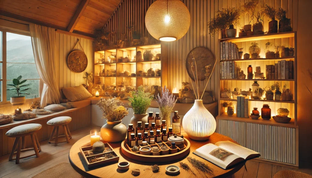 A wide-angle image of a peaceful holistic wellness environment featuring a cozy setting with stress-relief herbs, essential oils, and mindfulness tools for nerve relaxation.