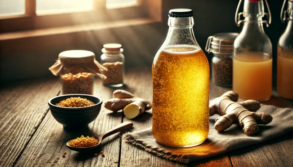 "A rustic glass bottle of golden, effervescent kombucha on a wooden table, accompanied by a small bowl of probiotics and fresh ginger. Soft natural lighting enhances the vibrant hues, emphasizing the drink’s gut-friendly and health-boosting properties