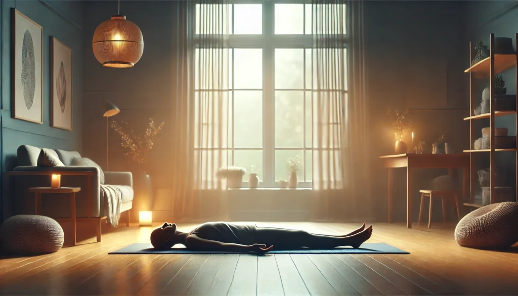 A deeply relaxing yoga scene of a person practicing Corpse Pose (Savasana) on a yoga mat in a softly lit space, embodying mindfulness, stress relief, and total relaxation