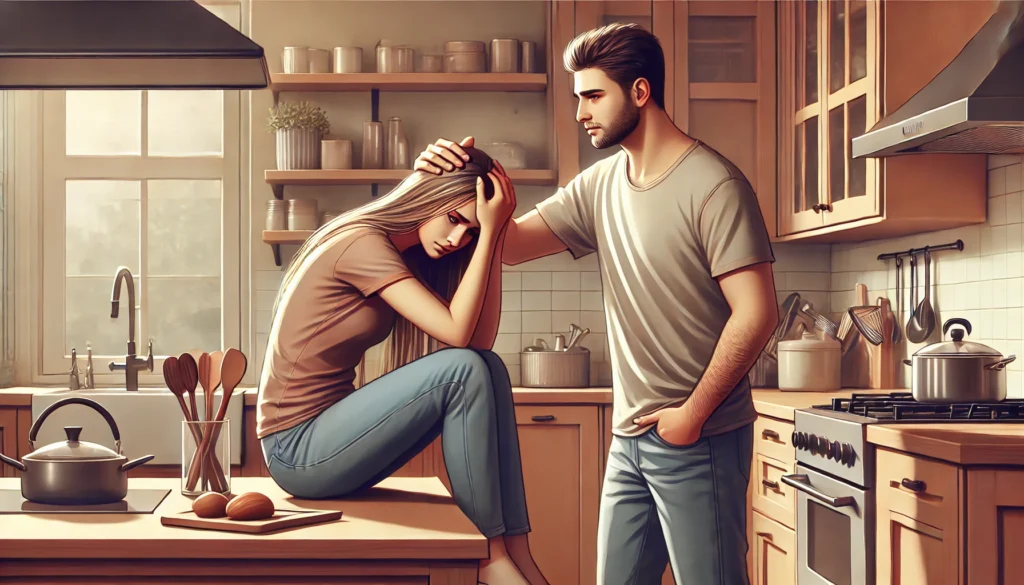 A couple in a modern kitchen, one partner feeling overwhelmed while the other offers comfort and support. The kitchen is bright and well-organized, depicting a scene of mutual understanding in an ADHD-affected relationship.