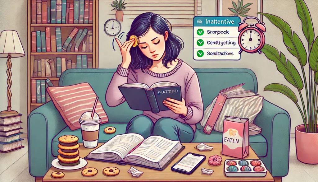 A woman with ADHD inattentive type at home, attempting to complete a simple task but constantly getting sidetracked.