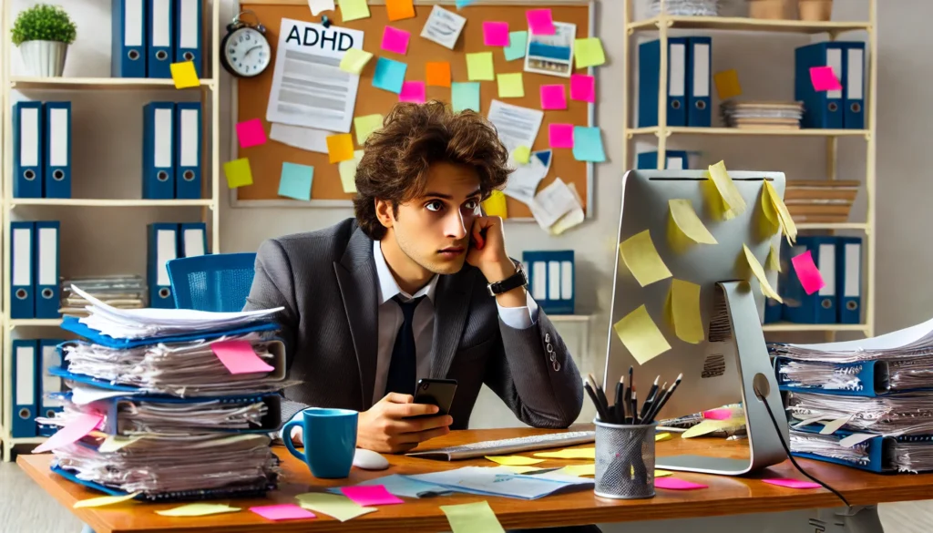A young professional with ADHD inattentive type sitting at their office desk, struggling to stay focused on their computer screen.