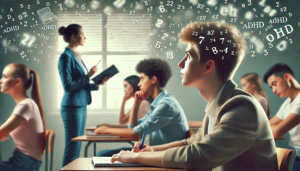 A student with ADHD inattentive type in a classroom, struggling to focus while the teacher is giving a lecture.