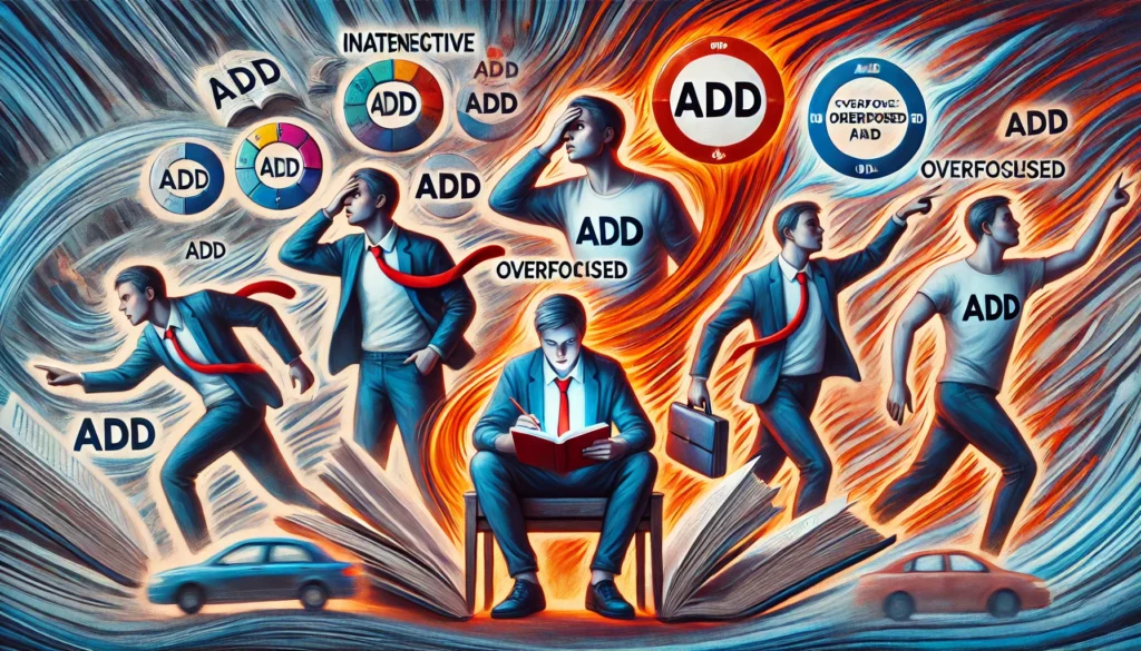 An abstract depiction of different types of ADD in a dynamic setting – This expressive image portrays various ADD symptoms through symbolic characters.