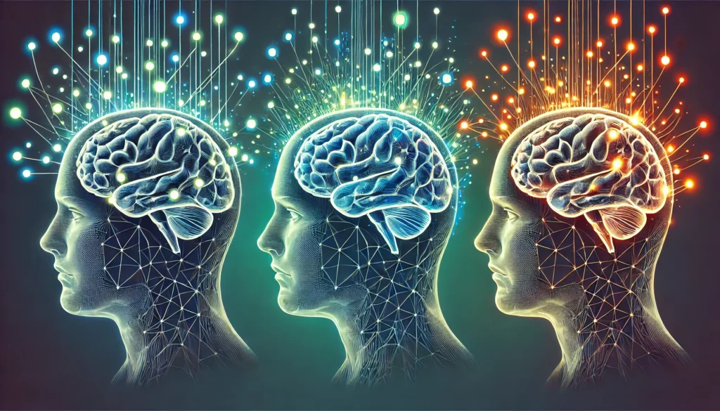 A modern conceptual illustration of the neurological differences in ADD types – This image showcases different brain activity regions associated with Classic ADD, Inattentive ADD, and Overfocused ADD.