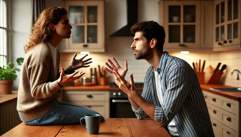 A couple arguing at a kitchen table – One person exhibits ADHD-related frustration with impulsive gestures, while the other listens but appears exasperated.