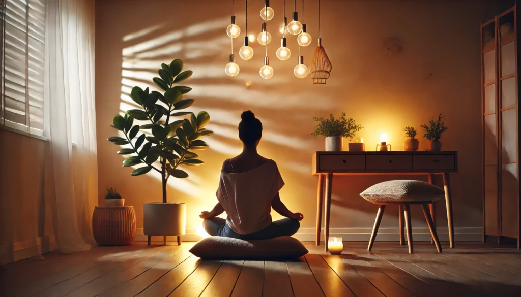 "A person practicing mindfulness breathing in a tranquil indoor meditation space with soft lighting, a cushion, a small plant, and a lit candle, promoting relaxation and focus."