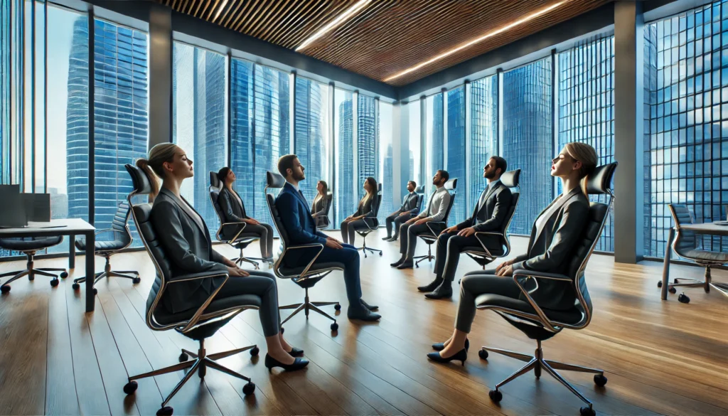 "Employees practicing mindfulness breathing in a futuristic corporate office, sitting in a circle with eyes closed, promoting focus and stress reduction in a modern workspace."