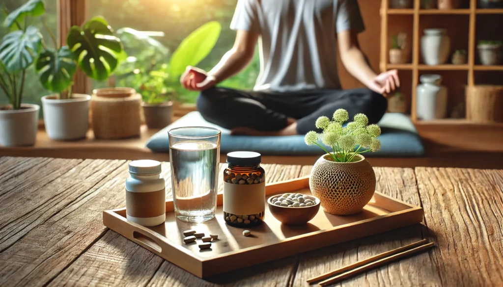 "A holistic mental health concept featuring a person meditating in a serene indoor setting with natural light, alongside a wooden tray with Milk Thistle supplements, a glass of water, and a small plant, symbolizing a balanced wellness approach."